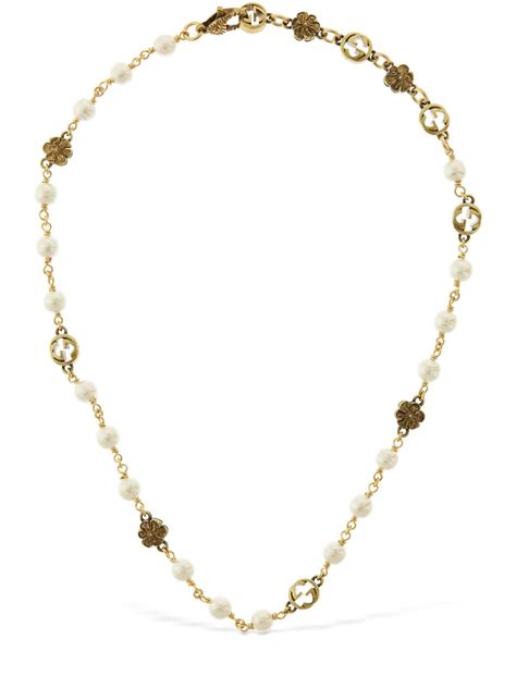 gucci flower pearl necklace|gucci gold pearl necklace.